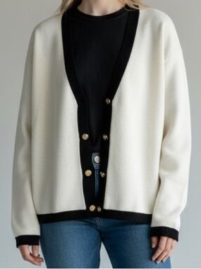 Talbots Womens Ivory Black Colorblock Button Front Cardigan Sweater Gold Buttons